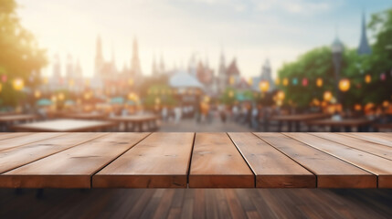 Empty wooden table top with Scandinavian background at Oktoberfest event. Bokeh style background. Stage for product design. Generative AI - obrazy, fototapety, plakaty