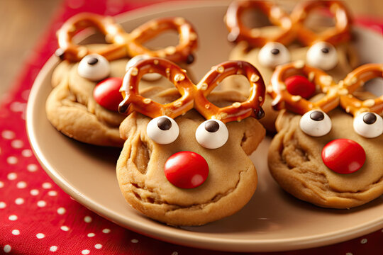 Holiday baking plate of cute reindeer cookies with pretzel antlers