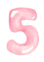 Pink balloon number five for baby girl celebration party, nursery or milestones. Hand-drawn watercolor illustration.
