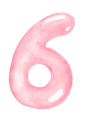 Pink balloon number six for baby girl celebration party, nursery or milestones. Hand-drawn watercolor illustration.