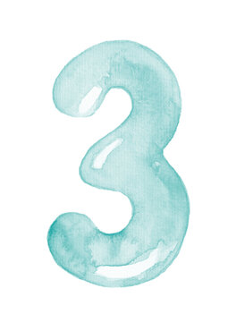 Blue balloon number three for baby boy celebration party, nursery or milestones. Hand-drawn watercolor illustration.