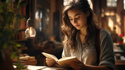 Book Lovers: Woman Engrossed in Reading Their Favorite Book, Joyful Reading Experience, Education, Concept of Literary Bliss and Knowledge Exploration.