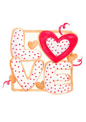 LOVE lettering watercolor illustration. Hand-drawn in a cookie shape for valentine's day, wedding and romantic mood.