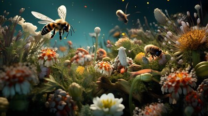 A diverse ecosystem of insects pollinating flowers - obrazy, fototapety, plakaty