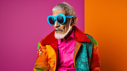 Male model wears glasses and wears colorful clothing. Take photos in the studio highlight your bright stylish look. bright clear color combination The clothes you choose to wear will enhance your look