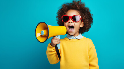 The little boy was holding a megaphone. The photos were taken in the studio to highlight the child's expressiveness and confidence. Carrying a megaphone allows children to express their emotions. - obrazy, fototapety, plakaty