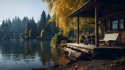 A tranquil lakeside cabin with people fishing by the dock - obrazy, fototapety, plakaty