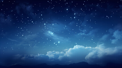 Sky background at night with bright stars The image of the dark sky filled with stars is beautiful and magical. Simulated and realistic images of memories of a night with a hazy sky and bright stars. - obrazy, fototapety, plakaty