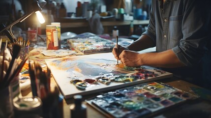 Fototapeta premium A vibrant arts and crafts workshop with people immersed in creative expression,