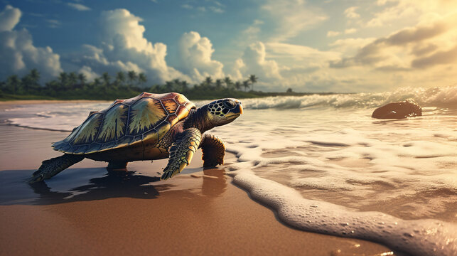 A sea turtle is traveling along the beach. Peaceful and beautiful images of sea turtles traveling along the beach. It promotes a sense of calm and fulfillment in its journey. Sea turtle's journey .