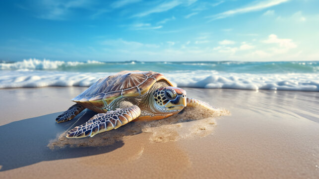 A sea turtle is traveling along the beach. Peaceful and beautiful images of sea turtles traveling along the beach. It promotes a sense of calm and fulfillment in its journey. Sea turtle's journey .