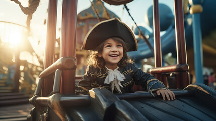 Fototapeta na wymiar Boy in a Pirate Costume Exploring a Pirate Ship Playground with Excitement and Curiosity. Concept of Imaginative Adventures, Playful Discovery, and Nautical Exploration for Young Buccaneers.