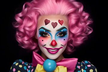 Smiling sexy woman dressed up with colorful clown costume with pink hair and heart face paint in front of black studio background