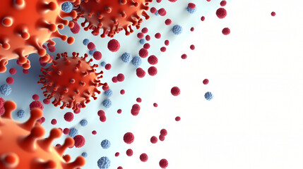 A white background with blue and red coronaviruses and a white background.