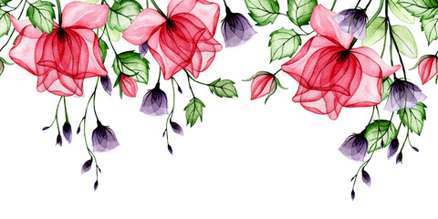 watercolor seamless border, frame with transparent flowers. pink and purple rose flowers, x-ray.