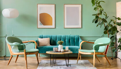 Ellipse table and two chairs near mint sofa against light green wall with art frame poster