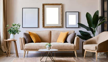Frames mockup, beige couch and frames mockup, living room photo mockup, picture frame template