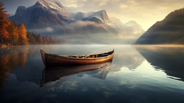 a tranquil scene of a wooden fishing boat gently floating on a crystal-clear lake, with the mountains in the background illuminated by the soft morning light.