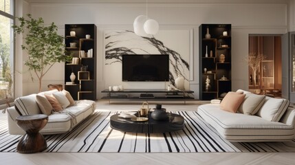 black & white living room with tv stand, in the style of site-specific installations, earthy tones, marble, minimalim, copy space, 16:9