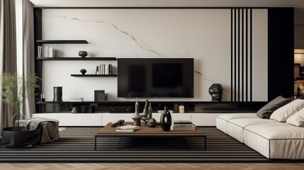 black & white living room with tv stand, in the style of site-specific installations, earthy tones, marble, minimalim, copy space, 16:9