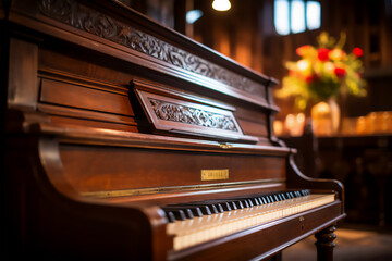 Fototapeta na wymiar Close up old wooden piano, piano in a church