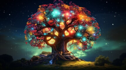 a tree that appears to be sprouting colorful, luminous orbs instead of leaves, as if from a fantastical dream world. - obrazy, fototapety, plakaty