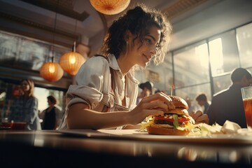 A young woman eats a hamburger at a fast food restaurant lunch at a cafe for a snack