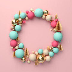 Christmas decoration on pink background. Minimalistic pastel concept. Creative copy space layout. Top view	
