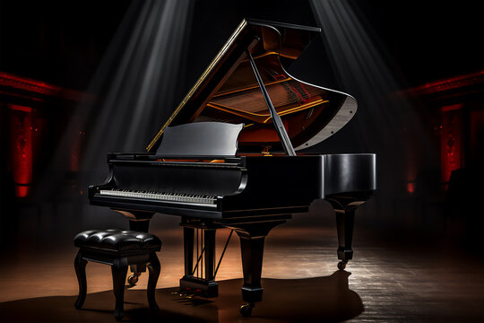 Grand piano on stage in a concert hall, dark environment
