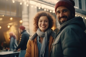 A woman and a man are a couple smiling in warm clothes walking on the street
