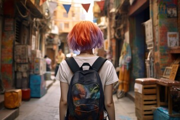 Obraz premium Casual traveler with short hair and a backpack, view from the back.