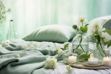 Fototapeta na wymiar Bedroom interior with candles, flowers and aromatherapy spa accessories