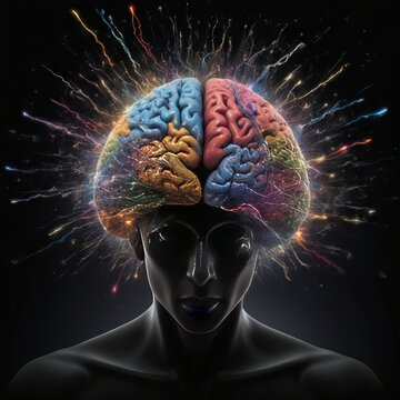 Human brain explodes with paints with splashes on a black background