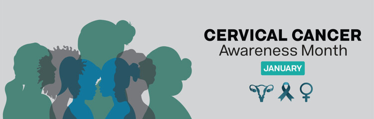 Cervical Cancer Awareness Month banner design. It features silhouette of women, teal ribbon and cervix graphic. Vector illustration