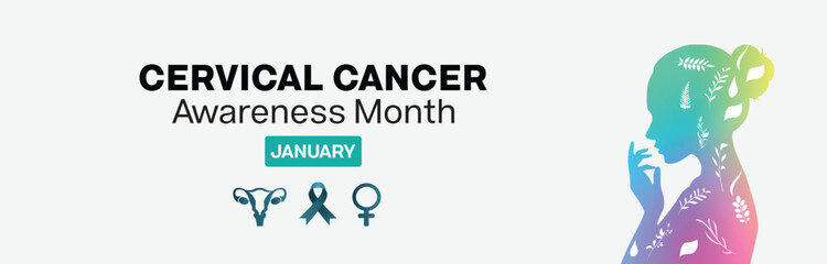 Cervical Cancer Awareness Month banner design. It features a silhouette of a woman in gradient color, a teal ribbon and cervix graphic. Vector illustration