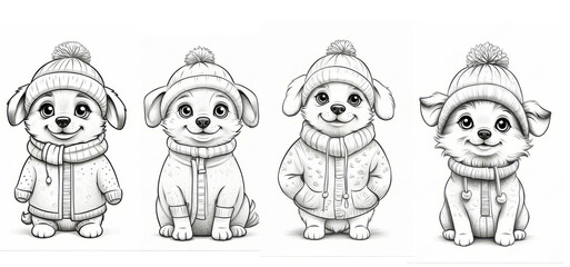 Coloring page of four dogs wearing a hat