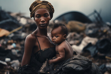 African Mother Carrying Baby Against Devastated City Background