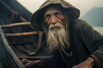Blind Asian man prophet, adorned with a traditional conical hat, serenely navigating an old boat - obrazy, fototapety, plakaty