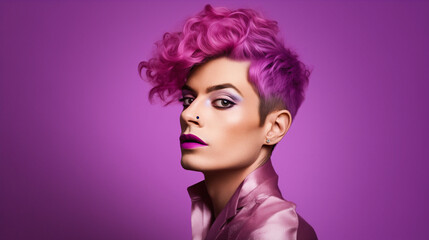 Vibrant beauty portrait of a transgender man, his hair dyed a striking purple, complemented by a full makeup look