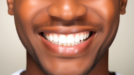 Naklejka premium Closeup of smile african american man with white teeth. Dental care, teeth whitening procedure at dentist. Teeth whitening.