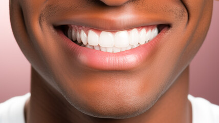 Young african american man with beautiful smile on color background. Teeth whitening.