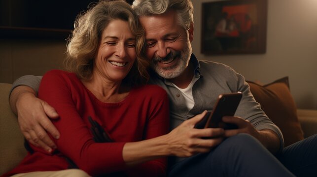 Generative AI image of a beautiful 55 years old woman showing her husband something in her mobile phone