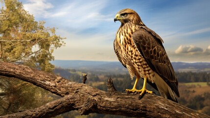 A vigilant hawk, perched high on a tree branch, surveying the landscape with unwavering focus.