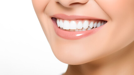 Fototapeta premium Perfect healthy teeth smile of young woman. Teeth whitening. Dental clinic patient. Beautiful smile and white teeth of a young woman. Ideal for dental banner. Copy space.