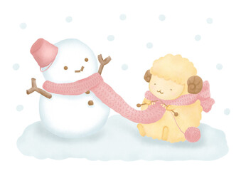 雪が降る中で雪だるまにマフラーを編む羊