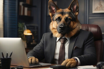 A serious businessman dog in a suit is working on a laptop in his office, a dog is a director or manager in the office.