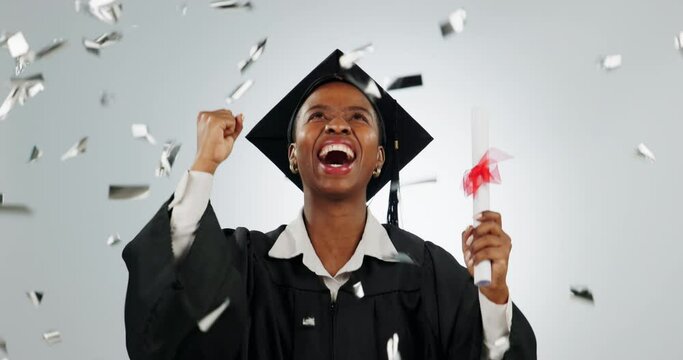 Confetti, graduation diploma and woman in studio excited for school and education success. Happy graduate black person student celebrate college achievement and congratulations on a white background