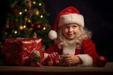 Fototapeta na wymiar Happy little smiling girl with christmas gift box tree decoration holiday
