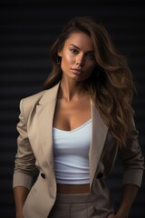 Fototapeta premium Beautiful woman, light brown hair, light brown skin tone, wearing black pants, white blazer, black top, hands in pants pocket.