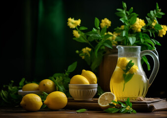 A herbal lemonade, poised in the middle of a dark, serene setting, offering a moment of tranquility. 